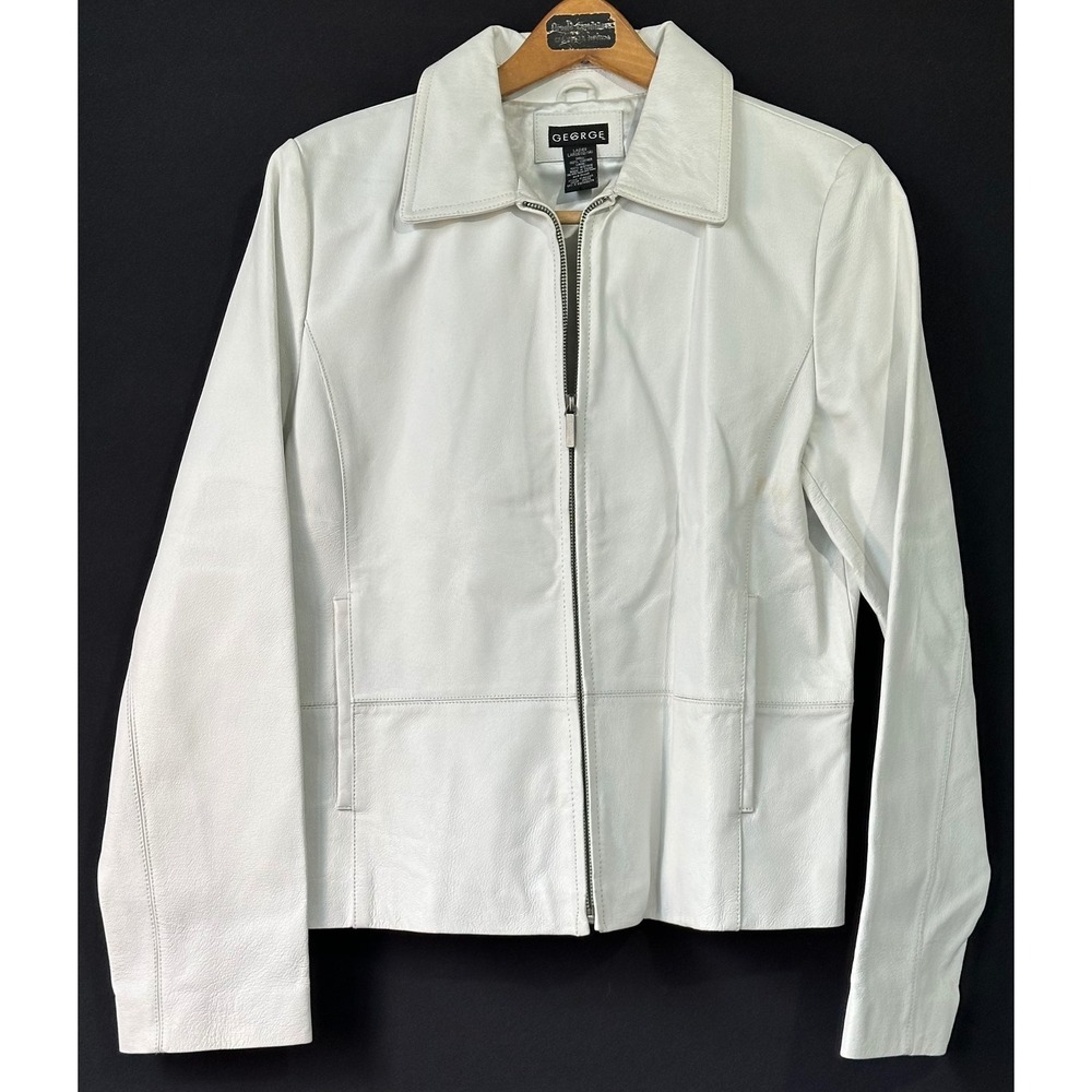 White Leather Motorcycle Jacket Zip Front Collared Womens Large
